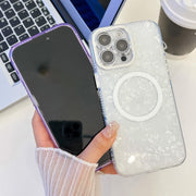 For iPhone 16 Pro Plating Texture MagSafe TPU Phone Case with Glitter Lens Film(Pink Wrinkles)