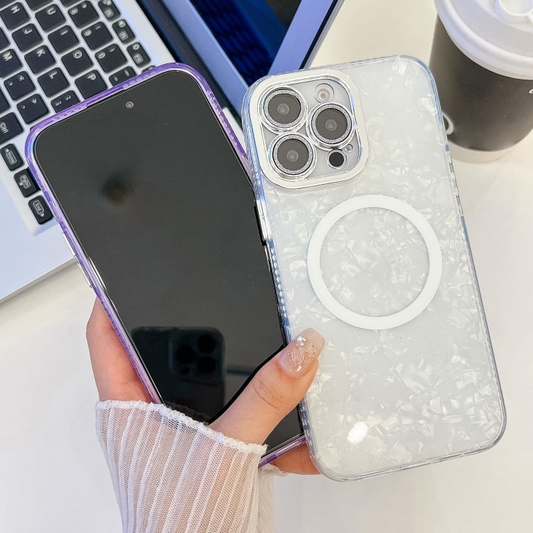 For iPhone 16 Pro Plating Texture MagSafe TPU Phone Case with Glitter Lens Film(Pink Wrinkles)