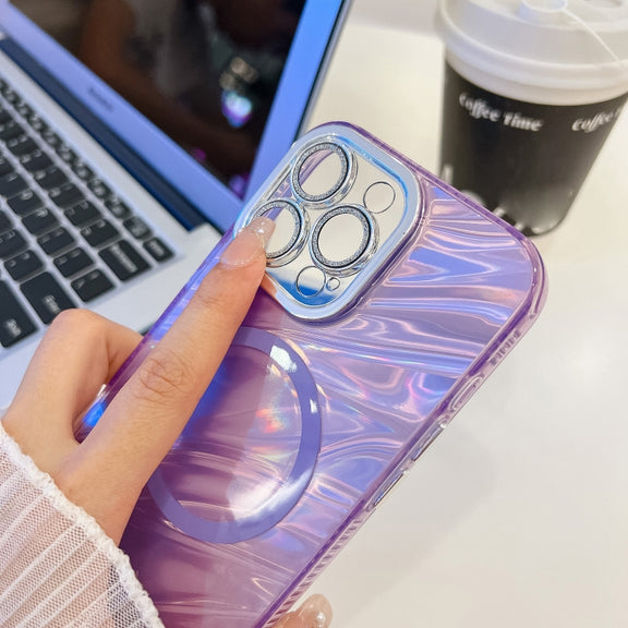 For iPhone 16 Pro Plating Texture MagSafe TPU Phone Case with Glitter Lens Film(Pink Wrinkles)