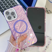 For iPhone 16 Pro Max Plating Texture Wristband MagSafe TPU Phone Case with Glitter Lens Film(White Water Ripples)