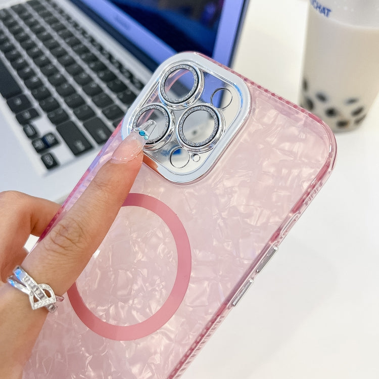 For iPhone 16 Pro Max Plating Texture Wristband MagSafe TPU Phone Case with Glitter Lens Film(White Water Ripples)