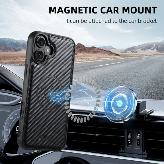 For iPhone 16 Suteni TXWH18 Carbon Fiber Texture Detachable Wallet MagSafe Phone Case(Black)