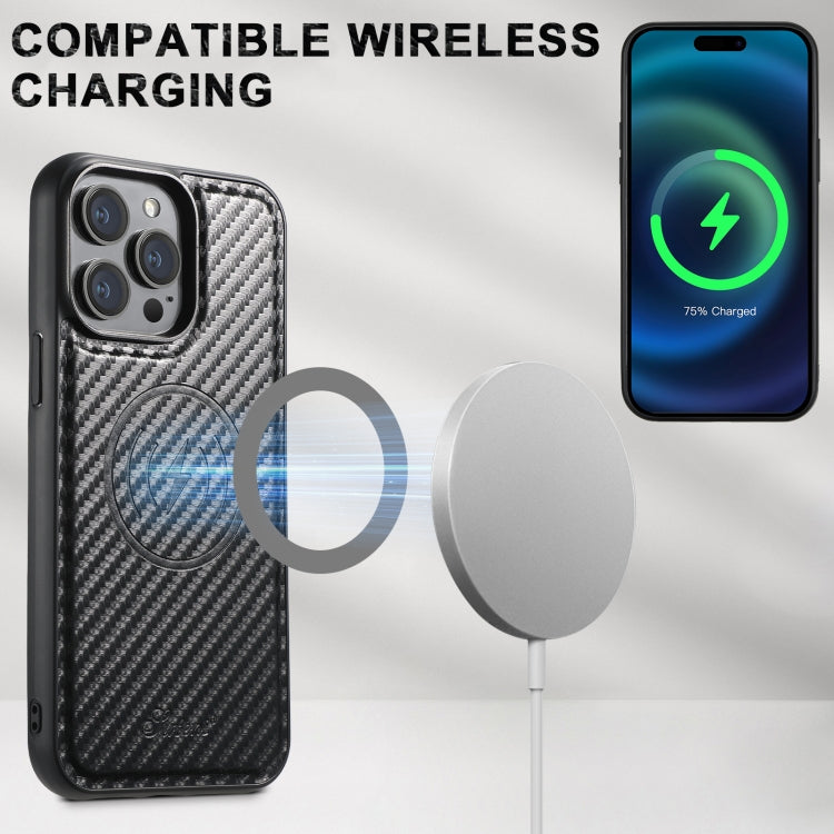 For iPhone 16 Suteni TXWH18 Carbon Fiber Texture Detachable Wallet MagSafe Phone Case(Black)