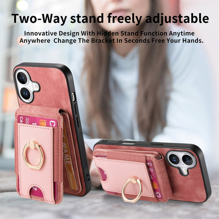 For iPhone 16 Retro Splitable Magnetic Stand Card Bag Leather Phone Case(Pink)