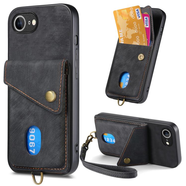 For iPhone 16e Retro Card Wallet Fold Leather Phone Case with Strap(Black) - iPhone 16e Cases by PMC TechLife | Online Shopping South Africa | PMC TechLife | Buy Now Pay Later Mobicred
