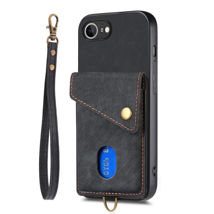 For iPhone 16e Retro Card Wallet Fold Leather Phone Case with Strap(Black) - iPhone 16e Cases by PMC TechLife | Online Shopping South Africa | PMC TechLife | Buy Now Pay Later Mobicred