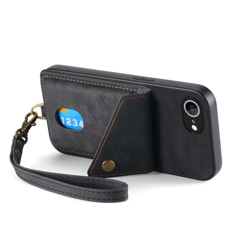 For iPhone 16e Retro Card Wallet Fold Leather Phone Case with Strap(Black) - iPhone 16e Cases by PMC TechLife | Online Shopping South Africa | PMC TechLife | Buy Now Pay Later Mobicred