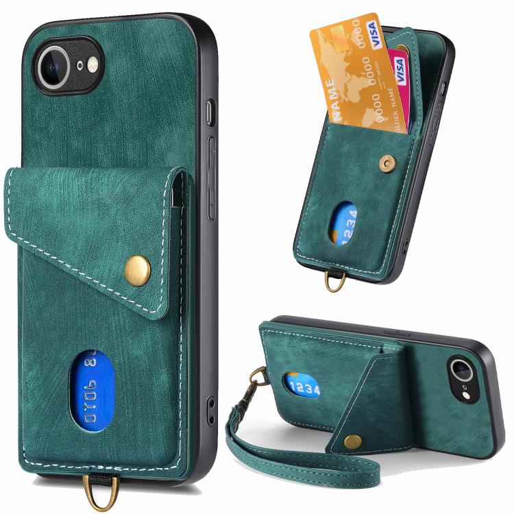 For iPhone 16e Retro Card Wallet Fold Leather Phone Case with Strap(Green) - free shipping - PMC TechLife - Order now!