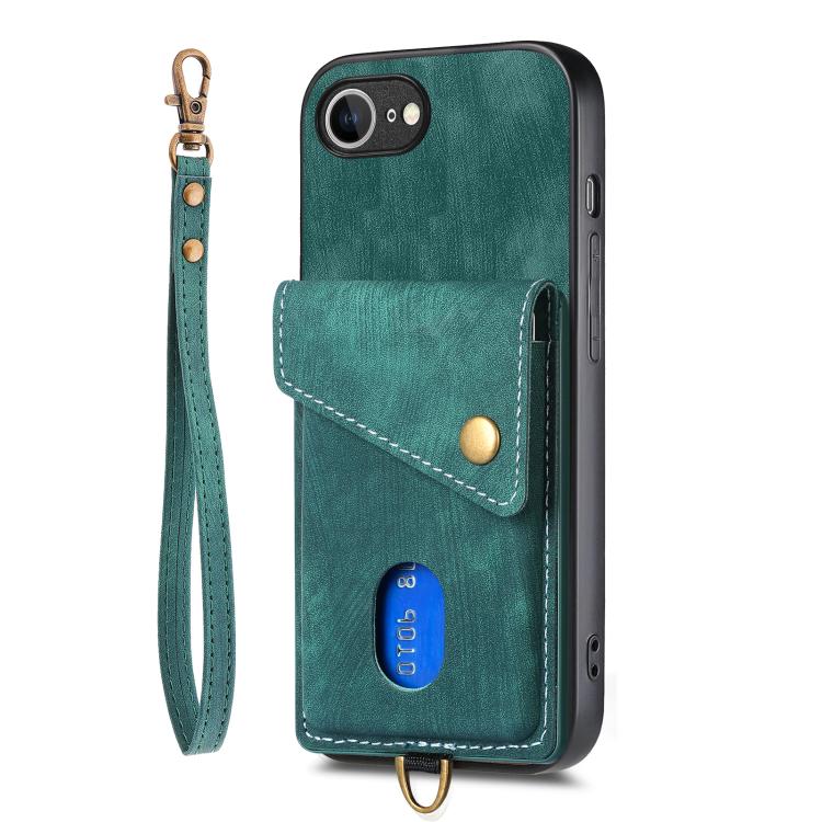 For iPhone 16e Retro Card Wallet Fold Leather Phone Case with Strap(Green) - free shipping - PMC TechLife - Order now!