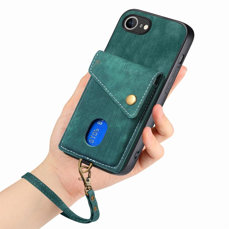 For iPhone 16e Retro Card Wallet Fold Leather Phone Case with Strap(Green) - free shipping - PMC TechLife - Order now!