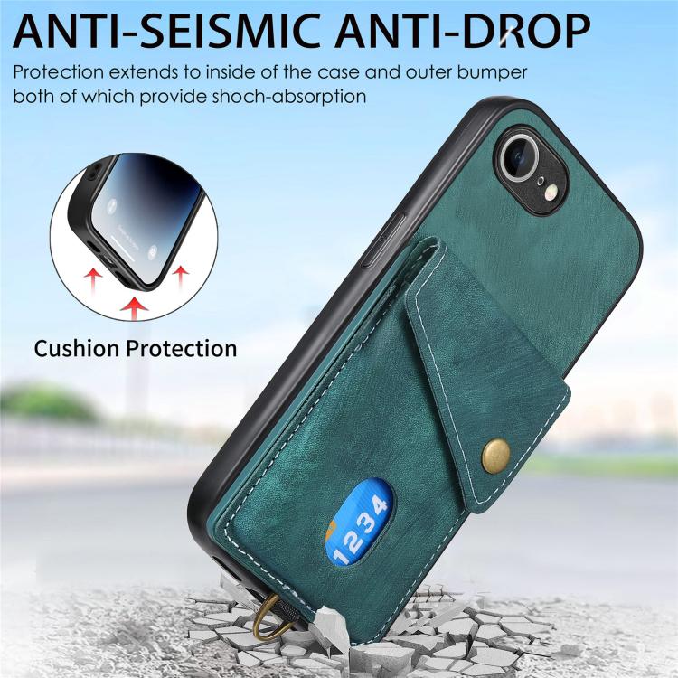 For iPhone 16e Retro Card Wallet Fold Leather Phone Case with Strap(Green) - free shipping - PMC TechLife - Order now!