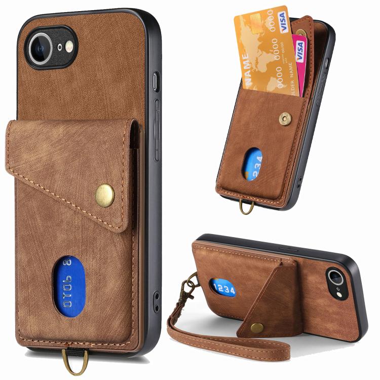 For iPhone 16e Retro Card Wallet Fold Leather Phone Case with Strap(Brown) - iPhone 16e Cases by PMC TechLife | Online Shopping South Africa | PMC TechLife | Buy Now Pay Later Mobicred