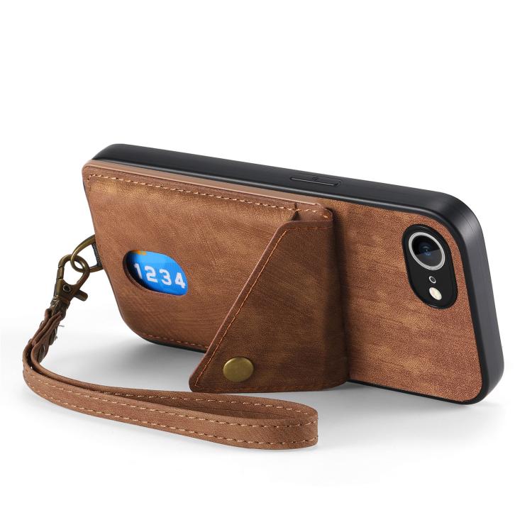 For iPhone 16e Retro Card Wallet Fold Leather Phone Case with Strap(Brown) - iPhone 16e Cases by PMC TechLife | Online Shopping South Africa | PMC TechLife | Buy Now Pay Later Mobicred