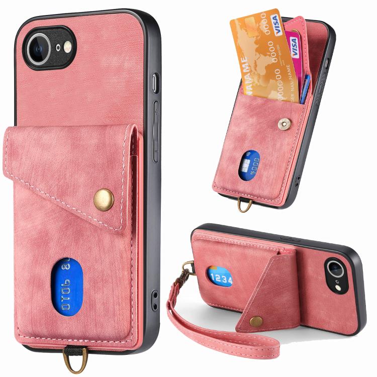 For iPhone 16e Retro Card Wallet Fold Leather Phone Case with Strap(Pink) - iPhone 16e Cases by PMC TechLife | Online Shopping South Africa | PMC TechLife | Buy Now Pay Later Mobicred