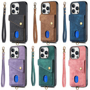For iPhone 16e Retro Card Wallet Fold Leather Phone Case with Strap(Purple)