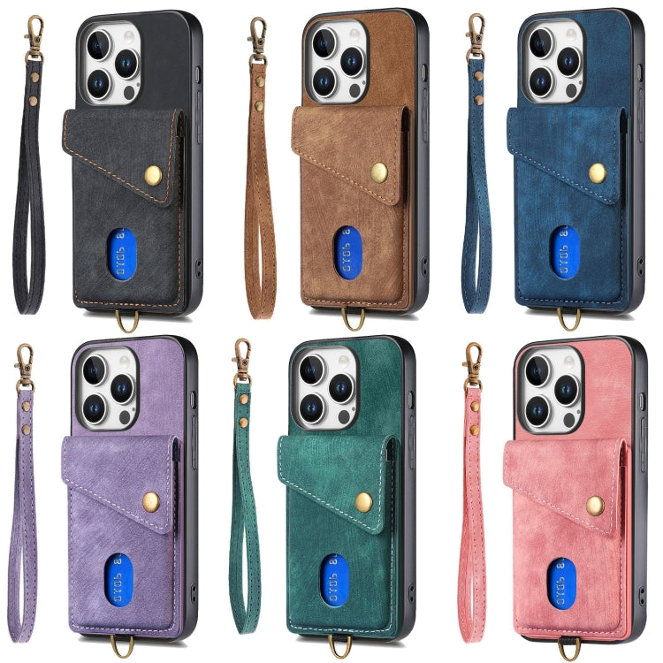 For iPhone 16e Retro Card Wallet Fold Leather Phone Case with Strap(Blue)