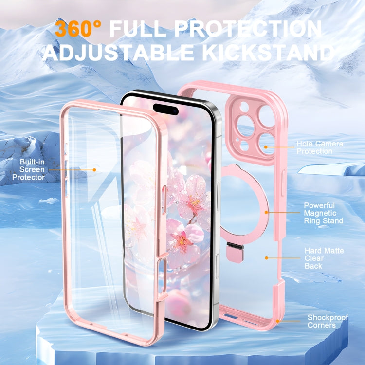For iPhone 16 Pro Max Skin Feel MagSafe Holder 360 Full Body Phone Case(Pink)