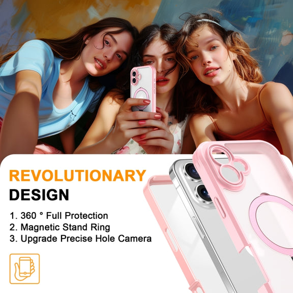 For iPhone 16 Skin Feel MagSafe Holder 360 Full Body Phone Case(Pink)