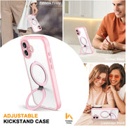 For iPhone 16 Skin Feel MagSafe Holder 360 Full Body Phone Case(Pink)