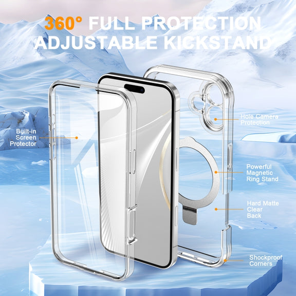 For iPhone 16 Skin Feel MagSafe Holder 360 Full Body Phone Case(Transparent)