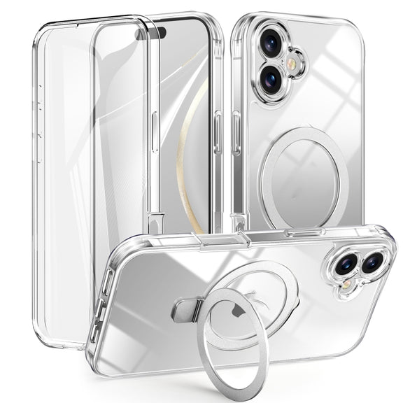For iPhone 16 Skin Feel MagSafe Holder 360 Full Body Phone Case(Transparent)