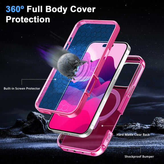 For iPhone 16 Pro Max Frosted Skin Feel MagSafe Holder 360 Full Body Phone Case(Rose Red)