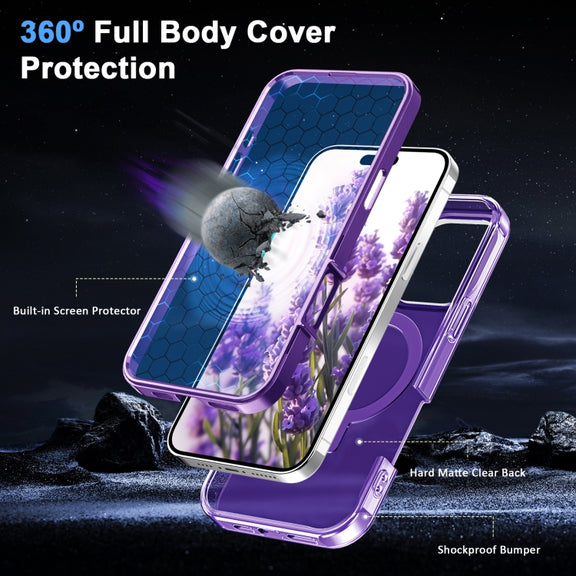 For iPhone 16 Pro Max Frosted Skin Feel MagSafe Holder 360 Full Body Phone Case(Purple)