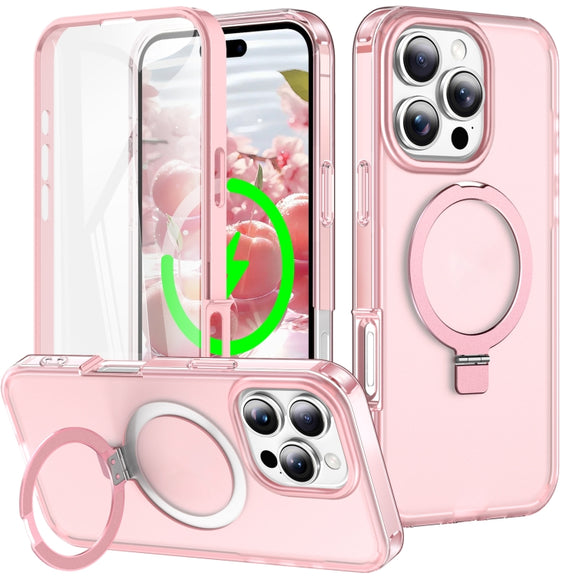 For iPhone 16 Pro Frosted Skin Feel MagSafe Holder 360 Full Body Phone Case(Pink)