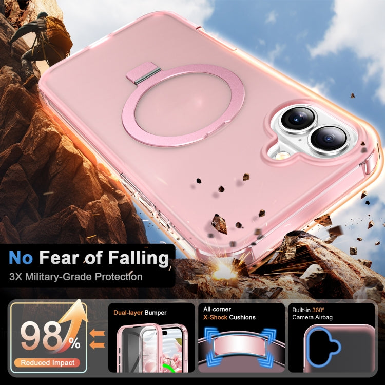 For iPhone 16 Plus Frosted Skin Feel MagSafe Holder 360 Full Body Phone Case(Pink)