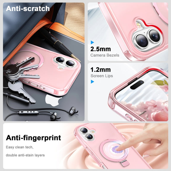 For iPhone 16 Plus Frosted Skin Feel MagSafe Holder 360 Full Body Phone Case(Pink)