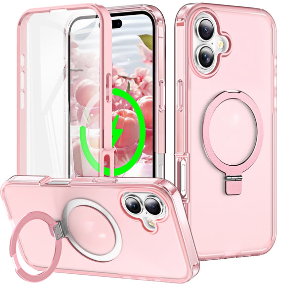 For iPhone 16 Plus Frosted Skin Feel MagSafe Holder 360 Full Body Phone Case(Pink)