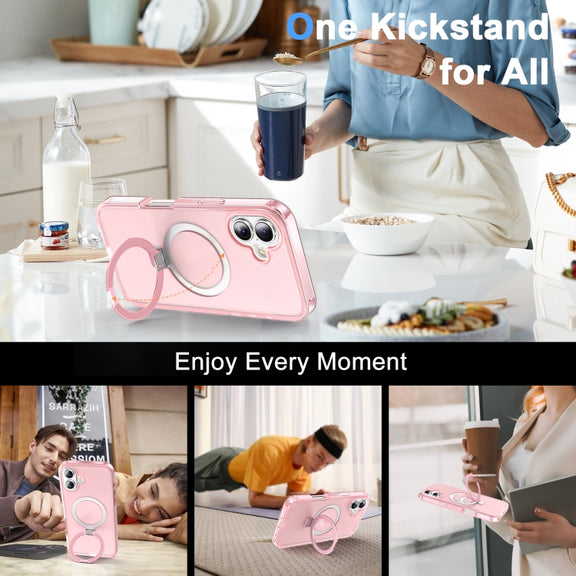 For iPhone 16 Plus Frosted Skin Feel MagSafe Holder 360 Full Body Phone Case(Pink)