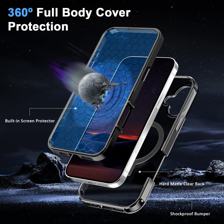 For iPhone 16 Plus Frosted Skin Feel MagSafe Holder 360 Full Body Phone Case(Black)