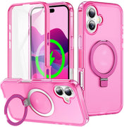 For iPhone 16 Plus Frosted Skin Feel MagSafe Holder 360 Full Body Phone Case(Rose Red)