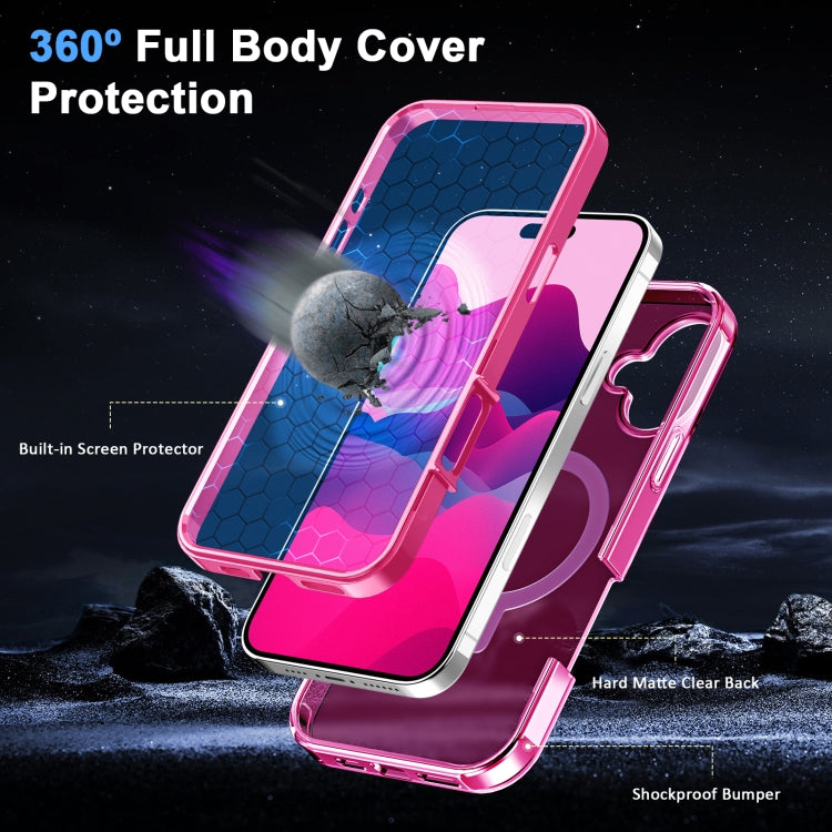 For iPhone 16 Plus Frosted Skin Feel MagSafe Holder 360 Full Body Phone Case(Rose Red)