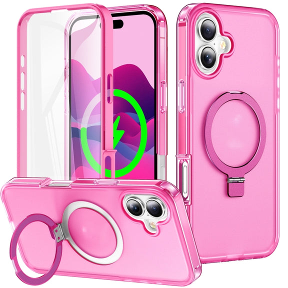 For iPhone 16 Plus Frosted Skin Feel MagSafe Holder 360 Full Body Phone Case(Rose Red)