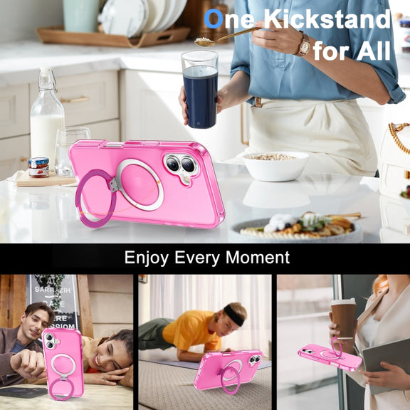 For iPhone 16 Plus Frosted Skin Feel MagSafe Holder 360 Full Body Phone Case(Rose Red)