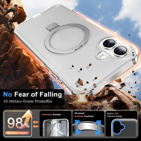 For iPhone 16 Plus Frosted Skin Feel MagSafe Holder 360 Full Body Phone Case(Transparent)