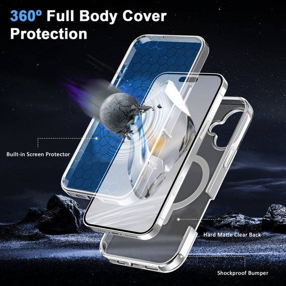 For iPhone 16 Plus Frosted Skin Feel MagSafe Holder 360 Full Body Phone Case(Transparent)
