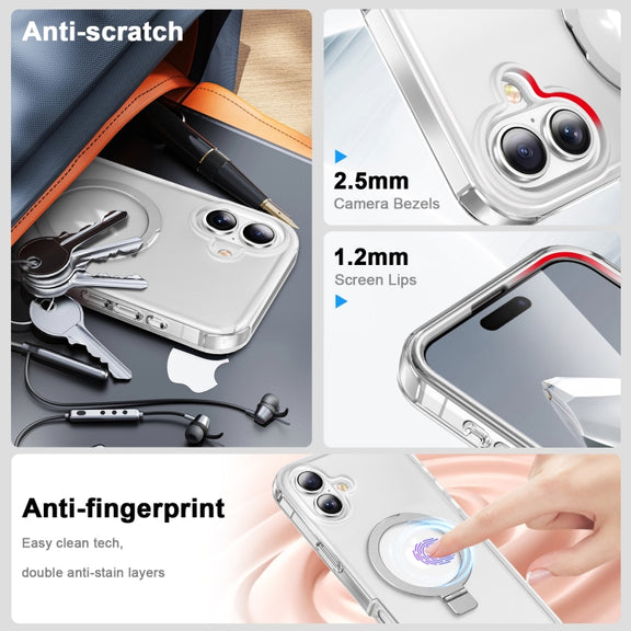 For iPhone 16 Plus Frosted Skin Feel MagSafe Holder 360 Full Body Phone Case(Transparent)