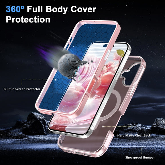 For iPhone 16 Frosted Skin Feel MagSafe Holder 360 Full Body Phone Case(Pink)