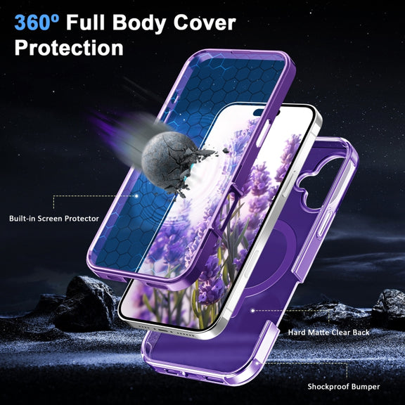 For iPhone 16 Frosted Skin Feel MagSafe Holder 360 Full Body Phone Case(Purple)