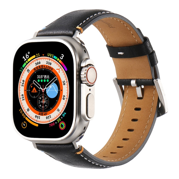 Stitched Genuine Leather Watch Band For Apple Watch 46mm / 49mm / 45mm / 44mm(Pull Up Leather Black)