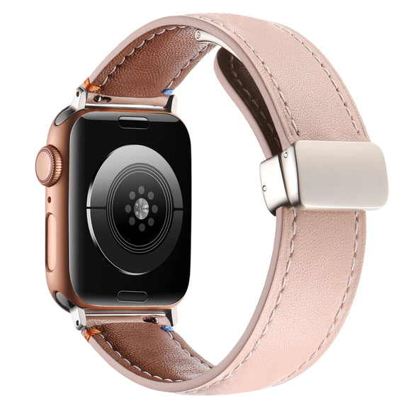 Magnetic Buckle Stitched Genuine Leather Watch Band For Apple Watch 46mm / 49mm / 45mm / 44mm(Pink)