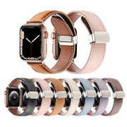 Magnetic Buckle Stitched Genuine Leather Watch Band For Apple Watch 46mm / 49mm / 45mm / 44mm(Pink)