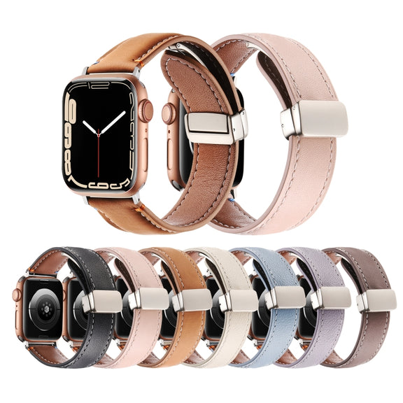 Magnetic Buckle Stitched Genuine Leather Watch Band For Apple Watch 46mm / 49mm / 45mm / 44mm(Pink)
