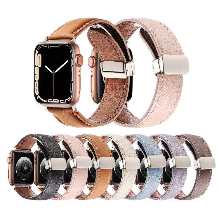 Magnetic Buckle Stitched Genuine Leather Watch Band For Apple Watch 46mm / 49mm / 45mm / 44mm(Pink)