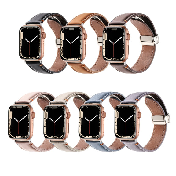 Magnetic Buckle Stitched Genuine Leather Watch Band For Apple Watch 46mm / 49mm / 45mm / 44mm(Pink)