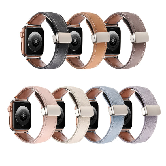 Magnetic Buckle Stitched Genuine Leather Watch Band For Apple Watch 46mm / 49mm / 45mm / 44mm(Pink)