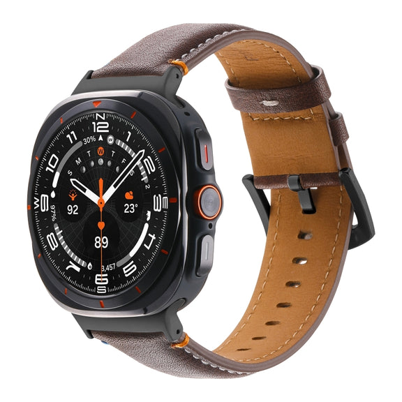 For Samsung Galaxy Watch Ultra 47mm Stitched Black Buckle Genuine Leather Watch Band(Pull Up Leather Coffee)